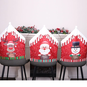 Christmas Chair Back Covers Red Soft Fabric Santa Snowman Reindeer Patterns Dining Room Home Party Festive Decor