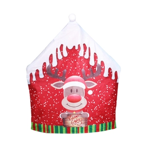 Christmas chair cover featuring a cute reindeer with a pom-pom hat on a white background