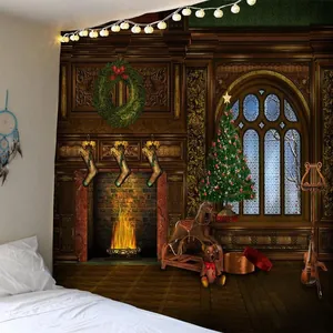 Bedroom wall decor showing a Christmas tapestry with fireplace and tree above a white bed