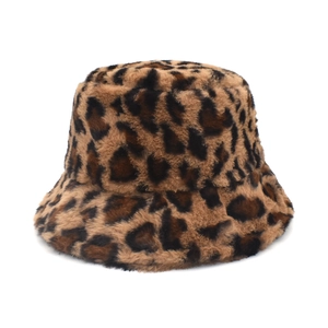 Chic leopard print plush bucket hat made of thick faux fur for winter warmth and style