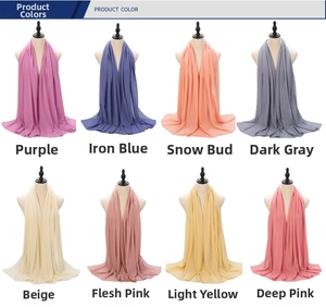 Detailed grid showing light chiffon hijabs in eight solid colors draped on white busts