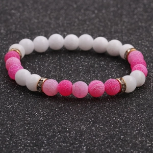 Pink dragon vein agate and white 8mm beaded bracelet set with sparkling rhinestone spacers