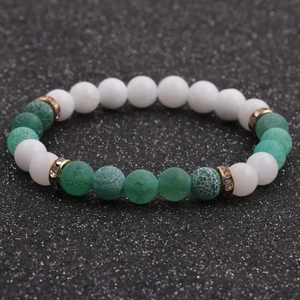 8MM white and green cracked agate beaded bracelet with gold rhinestone spacers