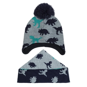 Detail of dinosaur jacquard knit kids winter hat and scarf set with fleece lining