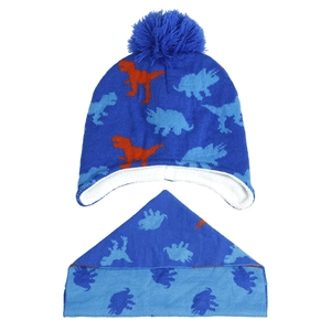 Royal blue kids dinosaur knit hat and scarf set with thick white fleece lining