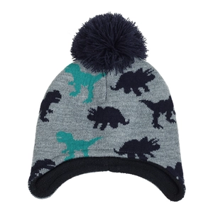 Close-up of kids dinosaur knit hat featuring warm fleece lining and ear protection detail