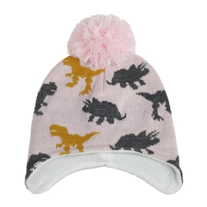 Close-up of pink knit baby hat with dinosaur pattern and soft fleece lining