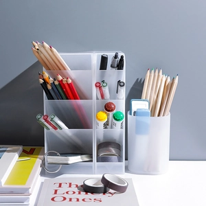 Frosted white slanted desktop organizer and pen holder for stationery storage