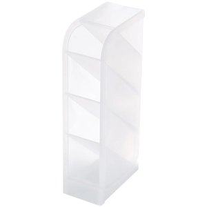 Close-up of matte white translucent tilted desk organizer for stationery and pens