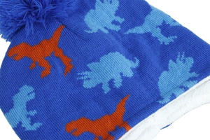 Detail of children's dinosaur knit hat showing thick warm fleece lining and knitting