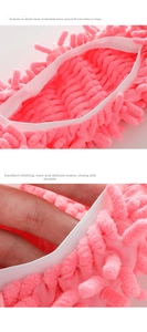 Detail of pink chenille mop slipper showing elastic band and reinforced stitching