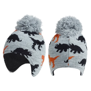 Kids winter knit hat with fleece lining and dinosaur jacquard pattern with pompom