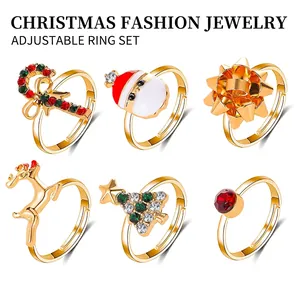 Christmas Cartoon Santa Reindeer Tree Rings Alloy Resin Enamel Adjustable Open Finger Ring Xmas Holiday Party Jewelry Women