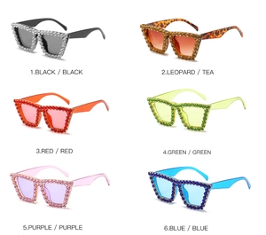 Collage of square oversized sunglasses with sparkling rhinestones in six colors