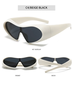 Multi-angle views of futuristic steampunk goggles with beige frames and black lenses