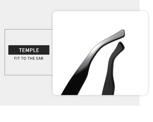 Detail of ergonomic black temple design for a comfortable fit to the ear on sunglasses