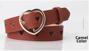 Detail view of camel PU leather belt featuring heart cutouts and a gold heart buckle