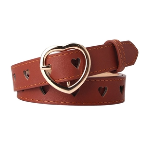 Women's brown hollow heart belt with gold buckle shown on white background