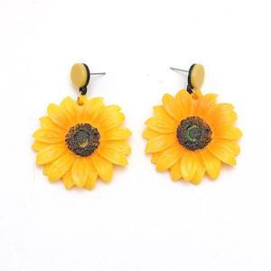 Close-up of yellow sunflower earrings with brown center and matching round backings