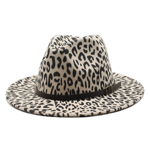 Leopard print wool fedora hat with brown leather belt buckle for men and women