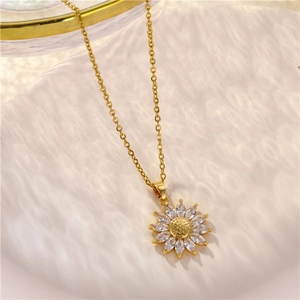 Gold sunflower necklace with 18K titanium steel, yellow zircon center and gem-set petals