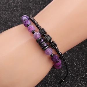 Double-layer purple cracked agate bead bracelet with micro-paved zircon cube accents