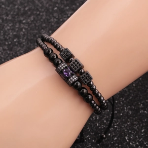 Adjustable black bead bracelet set with micro-p鑲zirconia accents for men and women