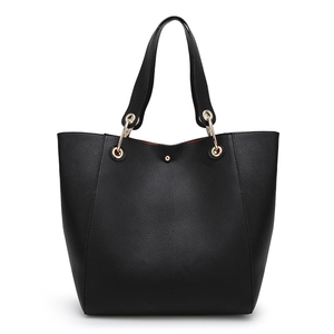 Black large capacity PU leather tote bag with gold metal rings and dual handles
