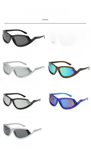 Detailed catalog showing Y2K wraparound sports sunglasses in seven vibrant color variants