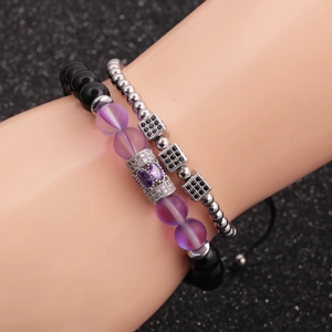 Adjustable beaded bracelet set with purple zircon stone and silver accents for women