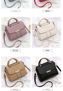 Collage of leather handbags in six colors with metallic handles and shoulder straps