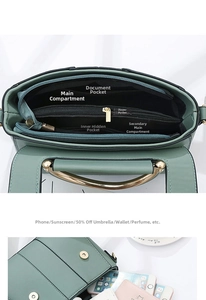 Detail view of the Morandi green handbag showing internal compartments and large capacity