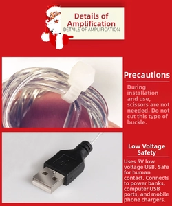 Close-up of 5V USB power plug for LED string lights with secure cable ties