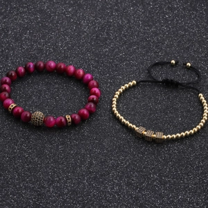 Tiger eye stone bead bracelet set with micro-pave zircon and adjustable gold beads
