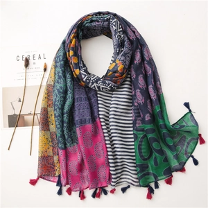 Women Long Scarf Shawl Cotton Linen Feel Polyester Sun Protection Travel Bohemian Ethnic Paisley Floral Print Tassels
