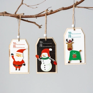 Christmas Hanging Ornaments Wooden Gift Tags Hemp Rope Wood Beads To From Message Santa Snowman Reindeer Rustic Festive