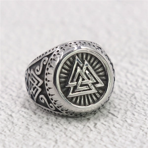 Vintage Viking Valknut ring in silver stainless steel for men with Nordic totem relief
