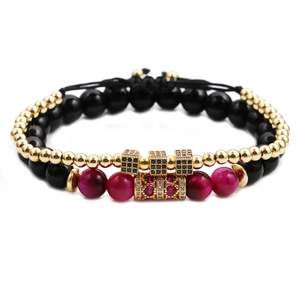Stackable tiger eye stone bracelet set with micro-paved zircon heart and cubes