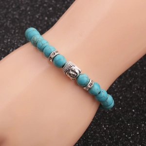Ethnic 8mm turquoise beaded bracelet with silver Buddha head and rhinestone accents