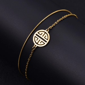 Double-layer gold plated stainless steel bracelet with oriental round hollow pendant