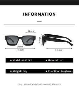 Detailed dimension guide for square frame sunglasses showing lens width and arm length