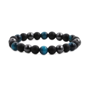 Men's 8mm beaded bracelet featuring matte black stone and blue tiger eye beads