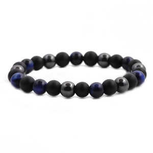 Men's 8mm blue tiger eye and hematite beaded bracelet with matte black agate stones