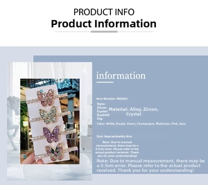 Detailed chart showing an 8cm butterfly hair clip made of zircon, crystal, and alloy