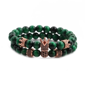 8mm green tiger eye stone bead bracelet set with rose gold crown charm on white background