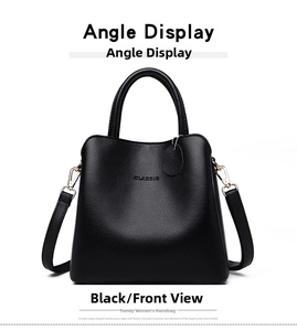 Front view of black pebbled leather tote bag with gold CLASSIC logo and top handles