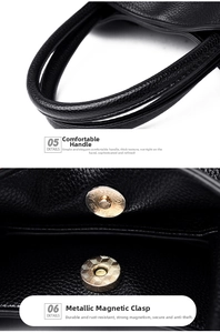 Detailed macro view of black pebbled leather bucket bag handles with golden magnetic buckle