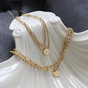 Set Gioielli Collana Bracciale Doppio Strato Placcato Oro 18K Acciaio Inossidabile 316L Catena Graffetta Sfere Ciondolo Moneta Lucky Donna