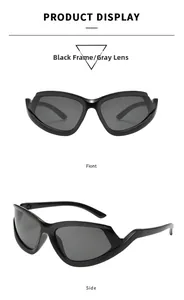 Front and side view of Y2K wraparound sports sunglasses with black frames and gray lenses