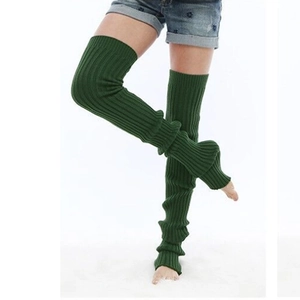 Thick dark green ribbed knit thigh high leg warmers for women winter fashion